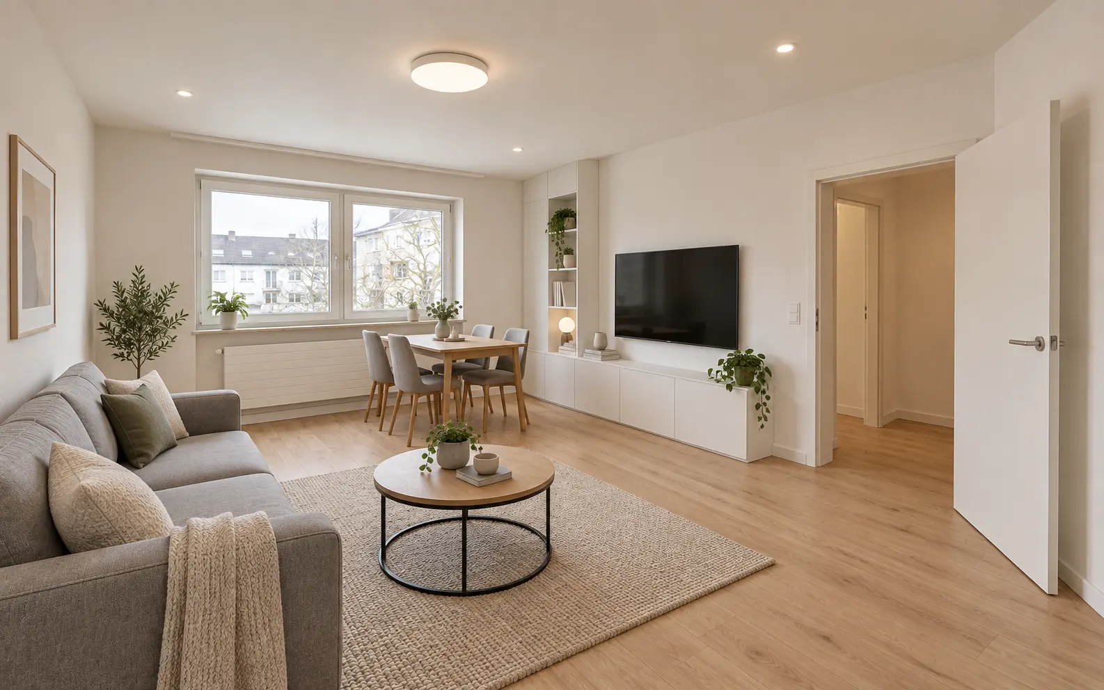 Dasselbe Wohnzimmer nach einer realistischen Standard-Sanierung