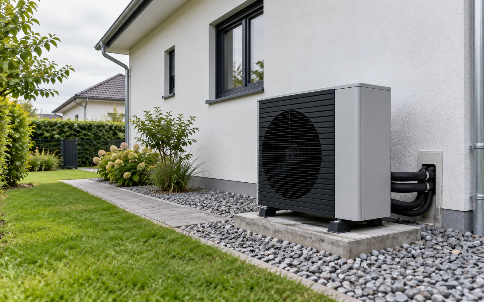 Fachgerecht aufgestellte Luft-Wasser-Wärmepumpe neben einem Wohnhaus